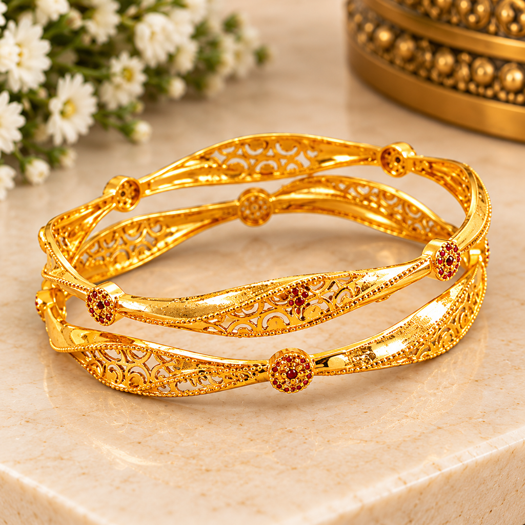 Elegant Filigree Ruby Gold Bangles