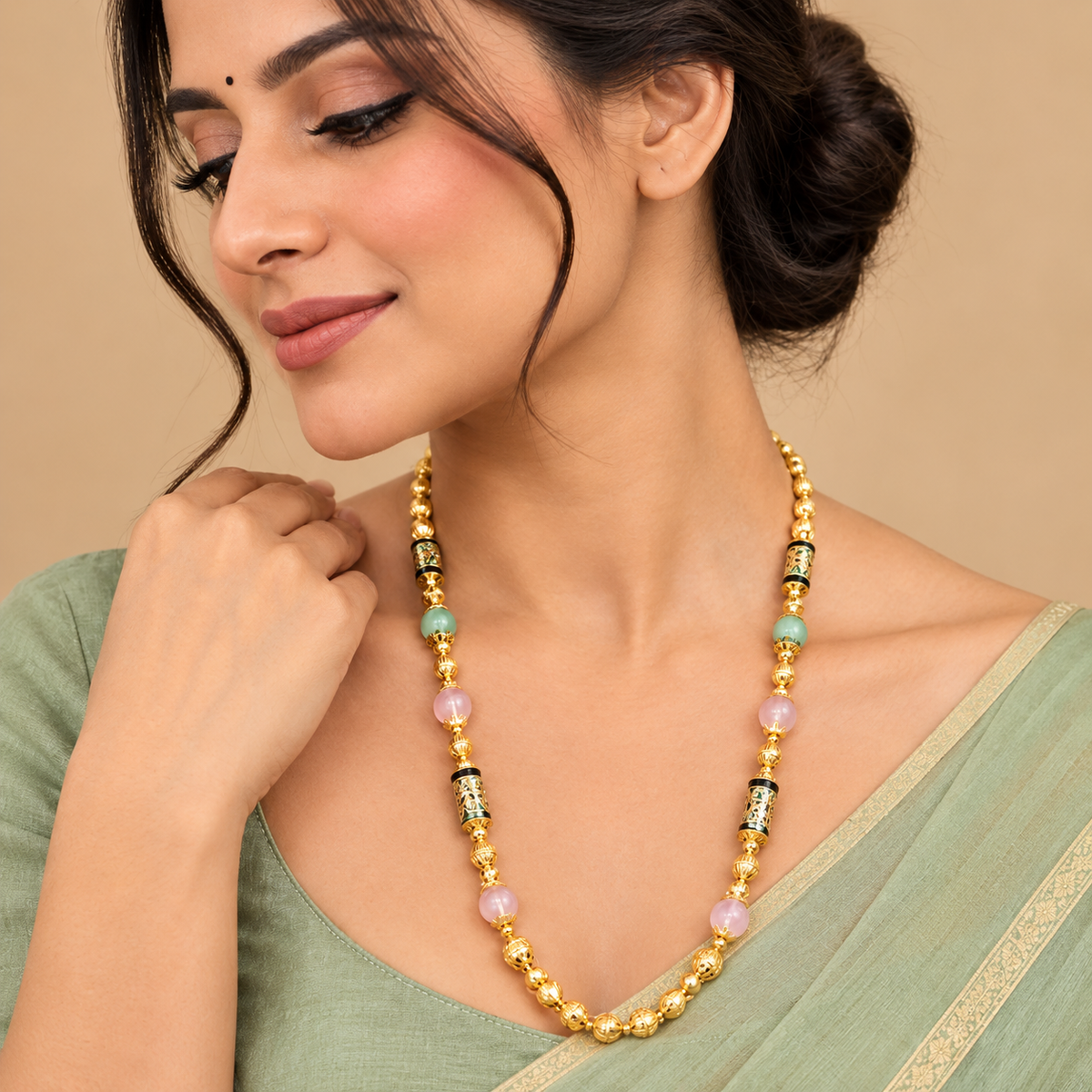 Premium Gold Green & Pink Beaded Necklace