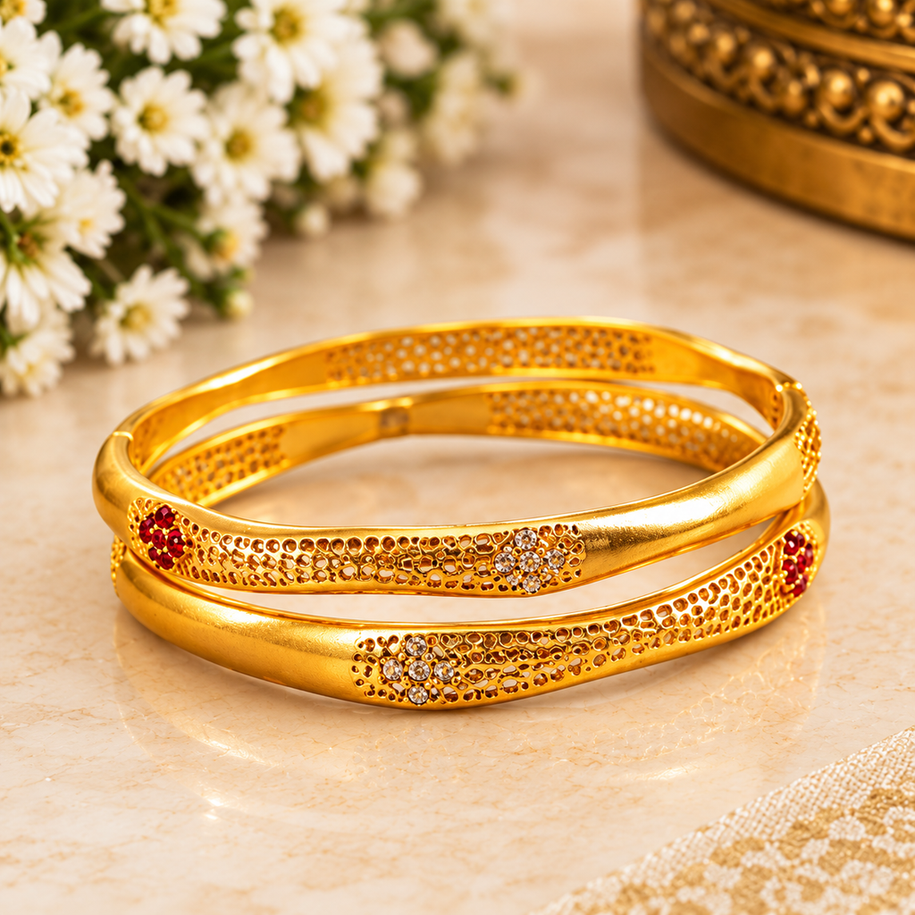 Elegant Ruby Mesh Gold Bangles