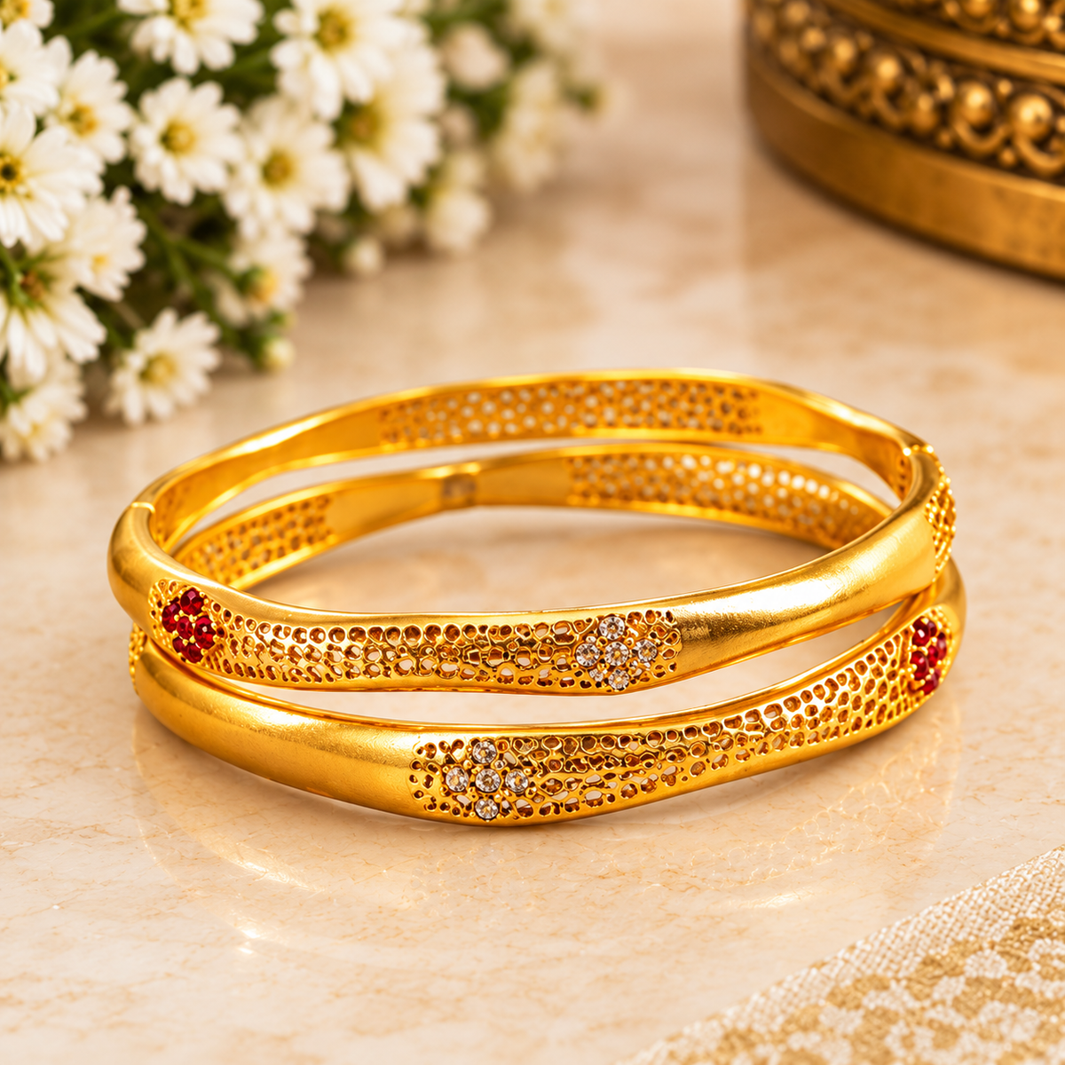 Elegant Ruby Mesh Gold Bangles