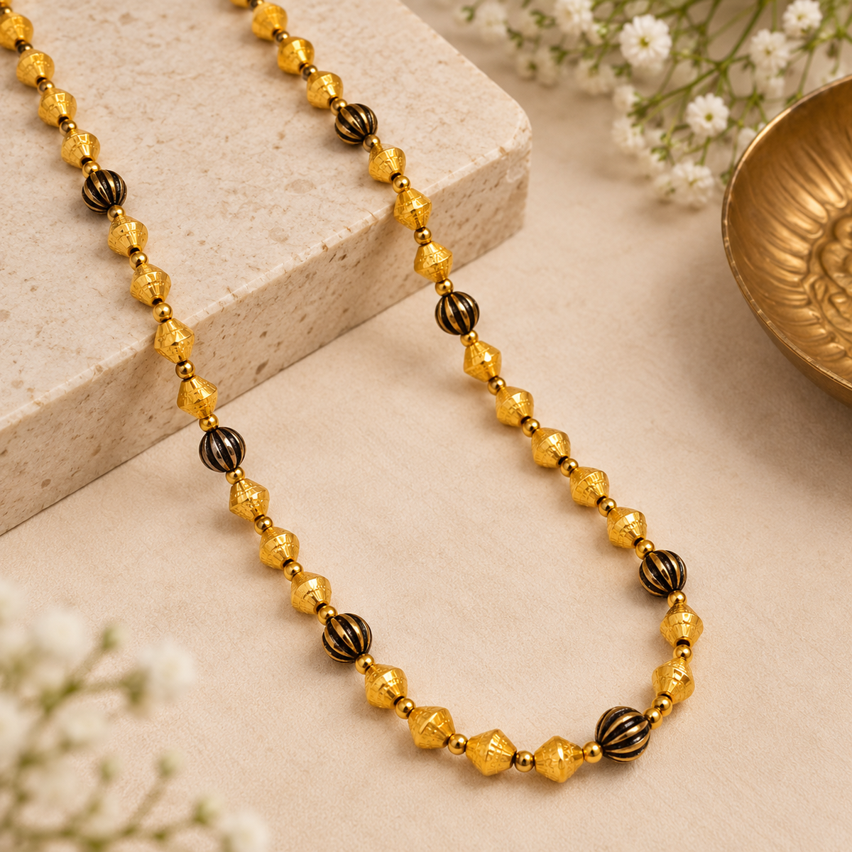 Premium Gold & Black Beaded Long Necklace