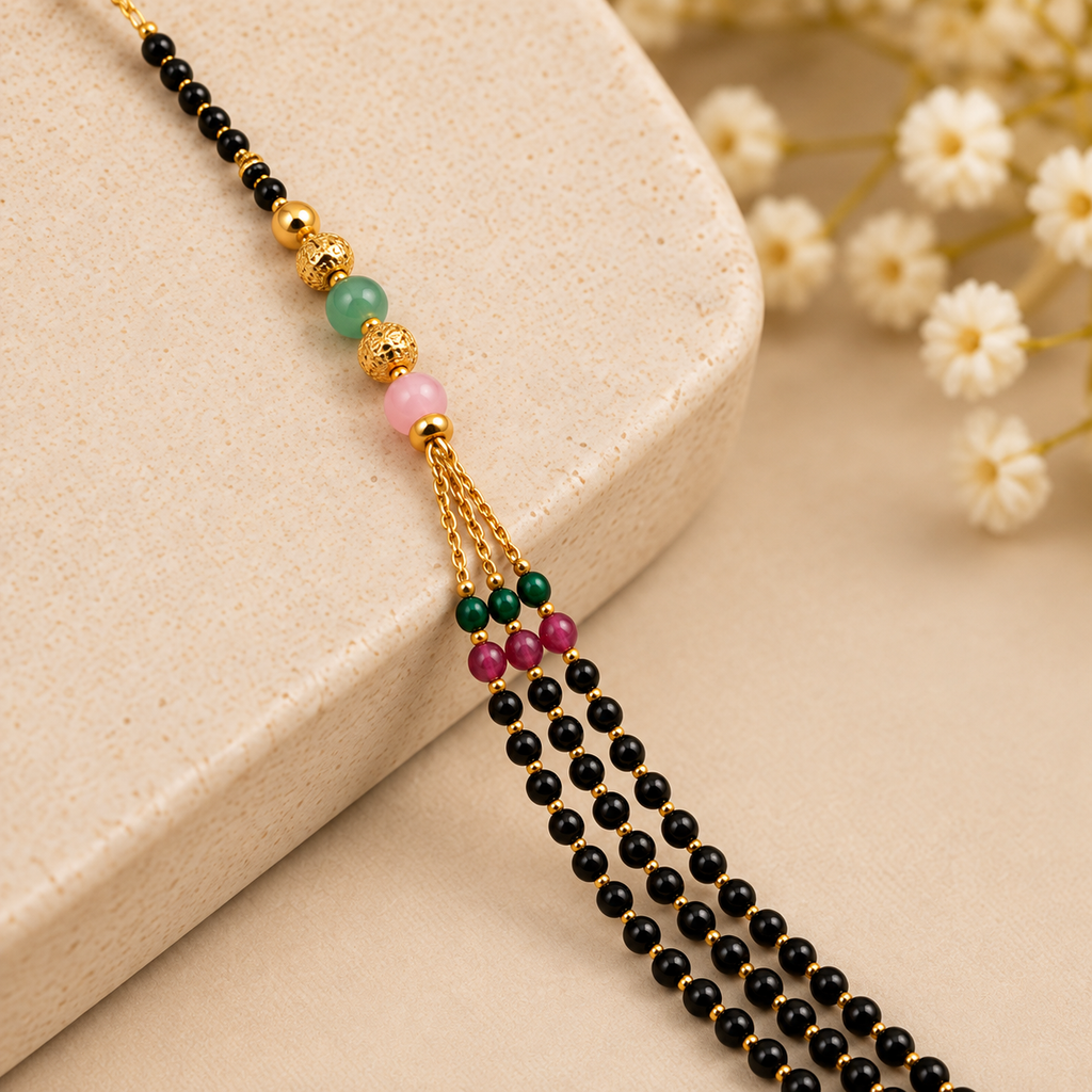 Elegant Gold-Plated Black Beads Multicolor Stone Mangalsutra