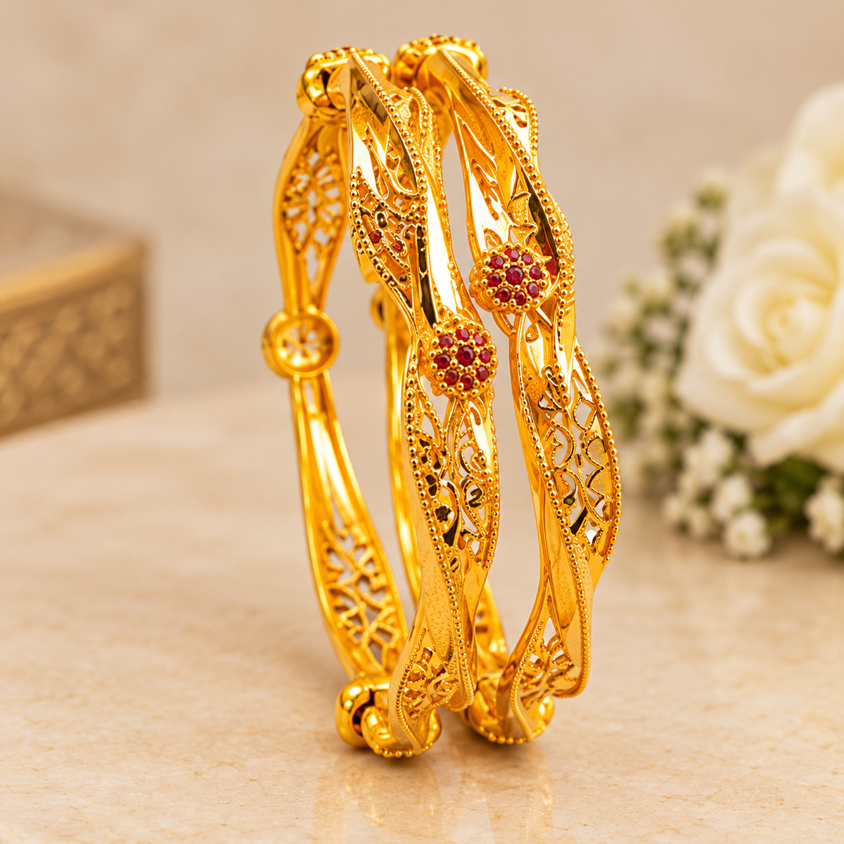 Elegant Filigree Ruby Gold Bangles