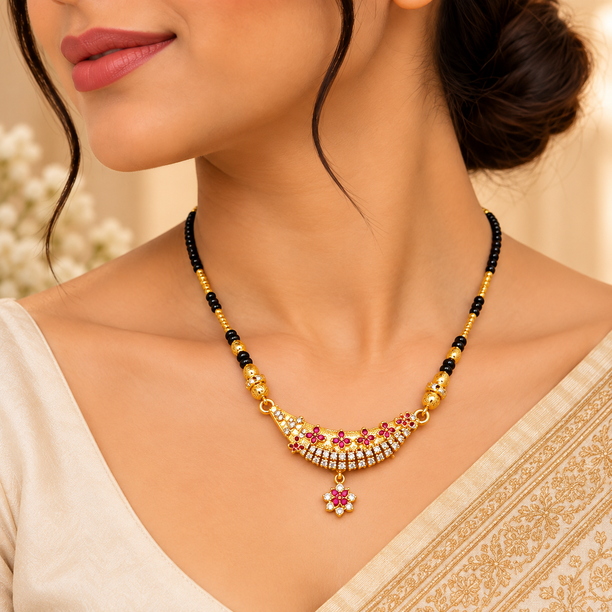 Premium Gold & Black Beaded Floral Pendant Mangalsutra