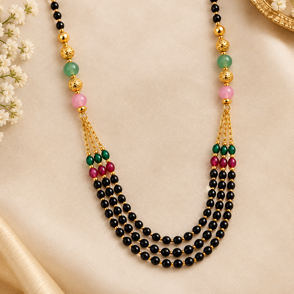Elegant Gold-Plated Black Beads Multicolor Stone Mangalsutra