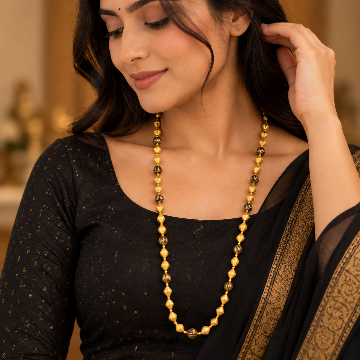 Premium Gold & Black Beaded Long Necklace