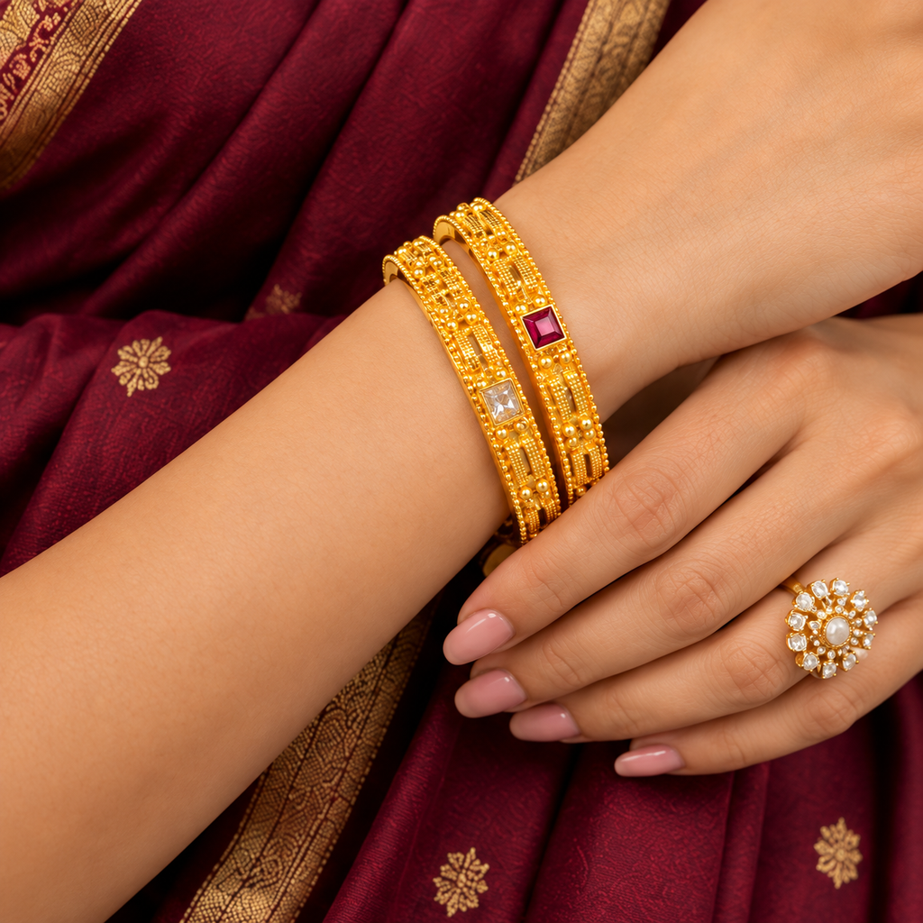 Elegant Ruby Embellished Gold Bangles