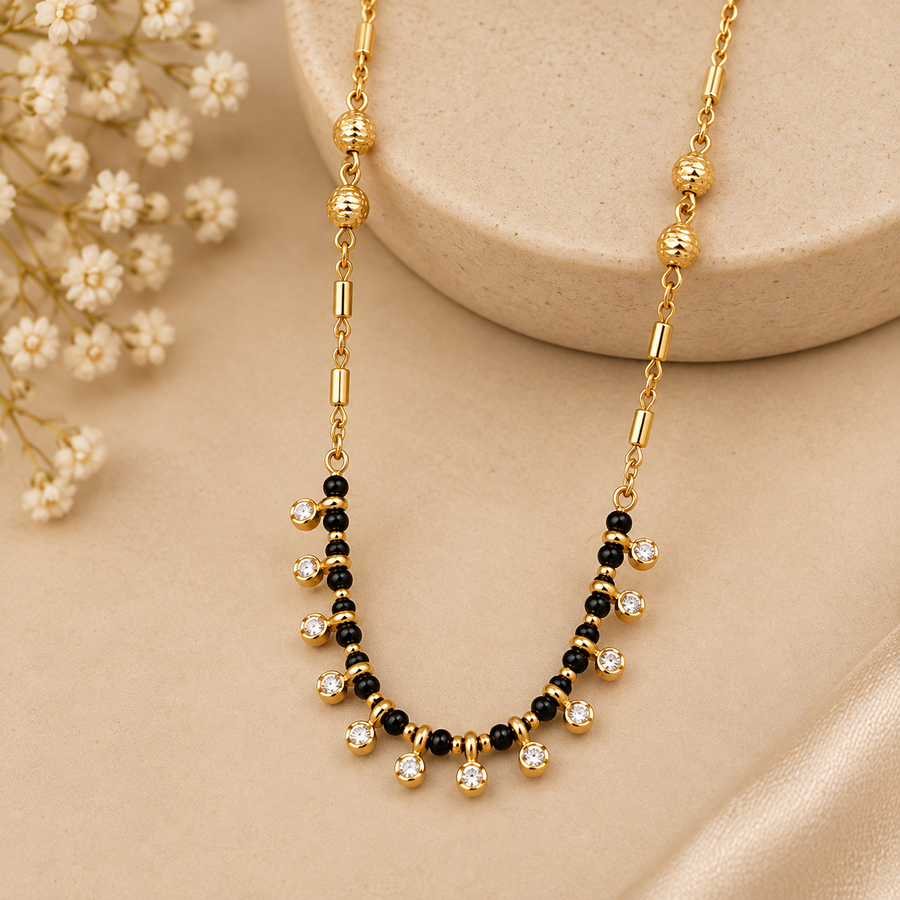 Stylish Gold-Plated Black Beaded Mangalsutra