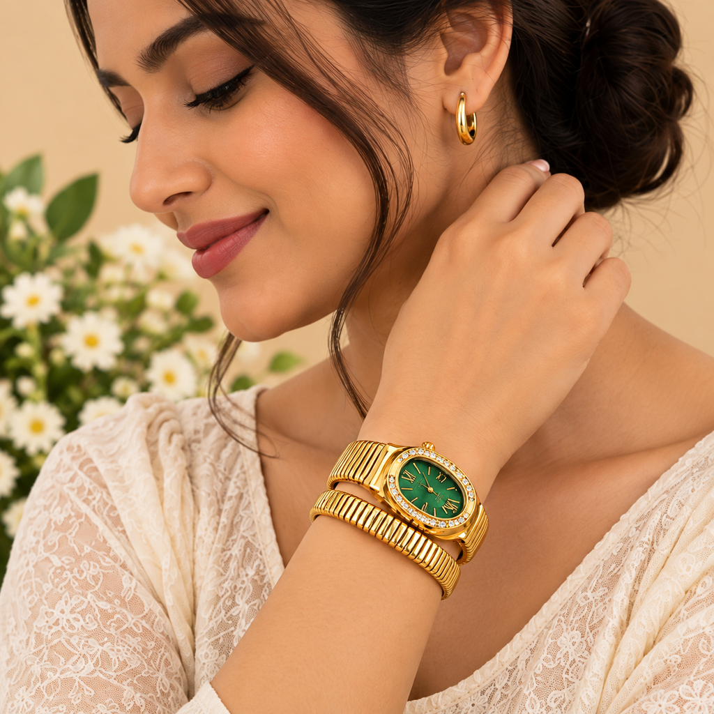 Royal Emerald Crystal Gold Bracelet Watch