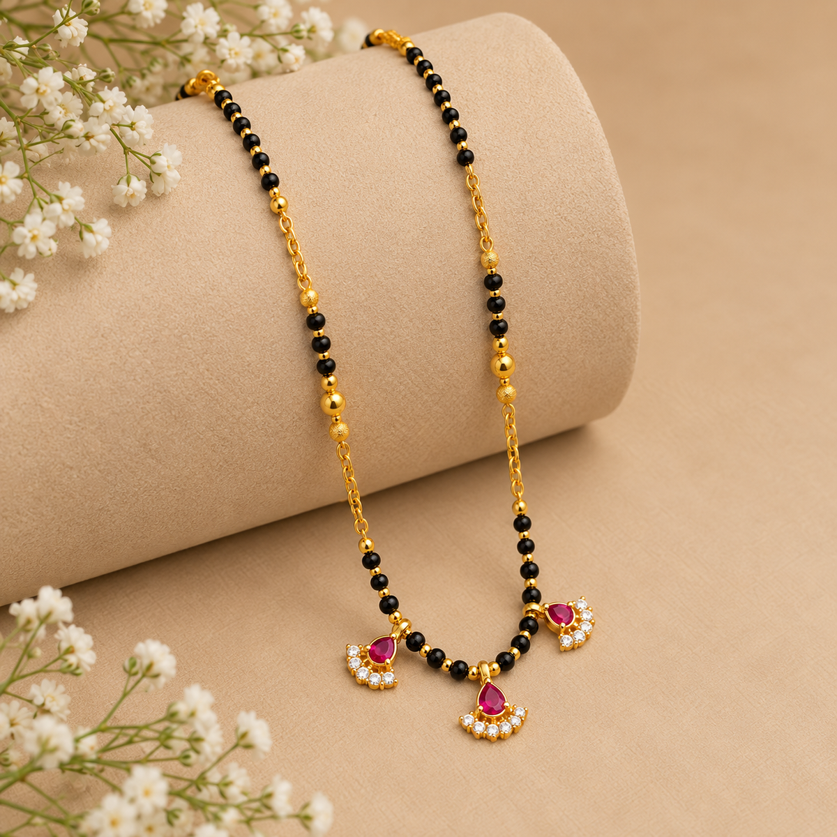 Premium Black Beaded Ruby Mangalsutra