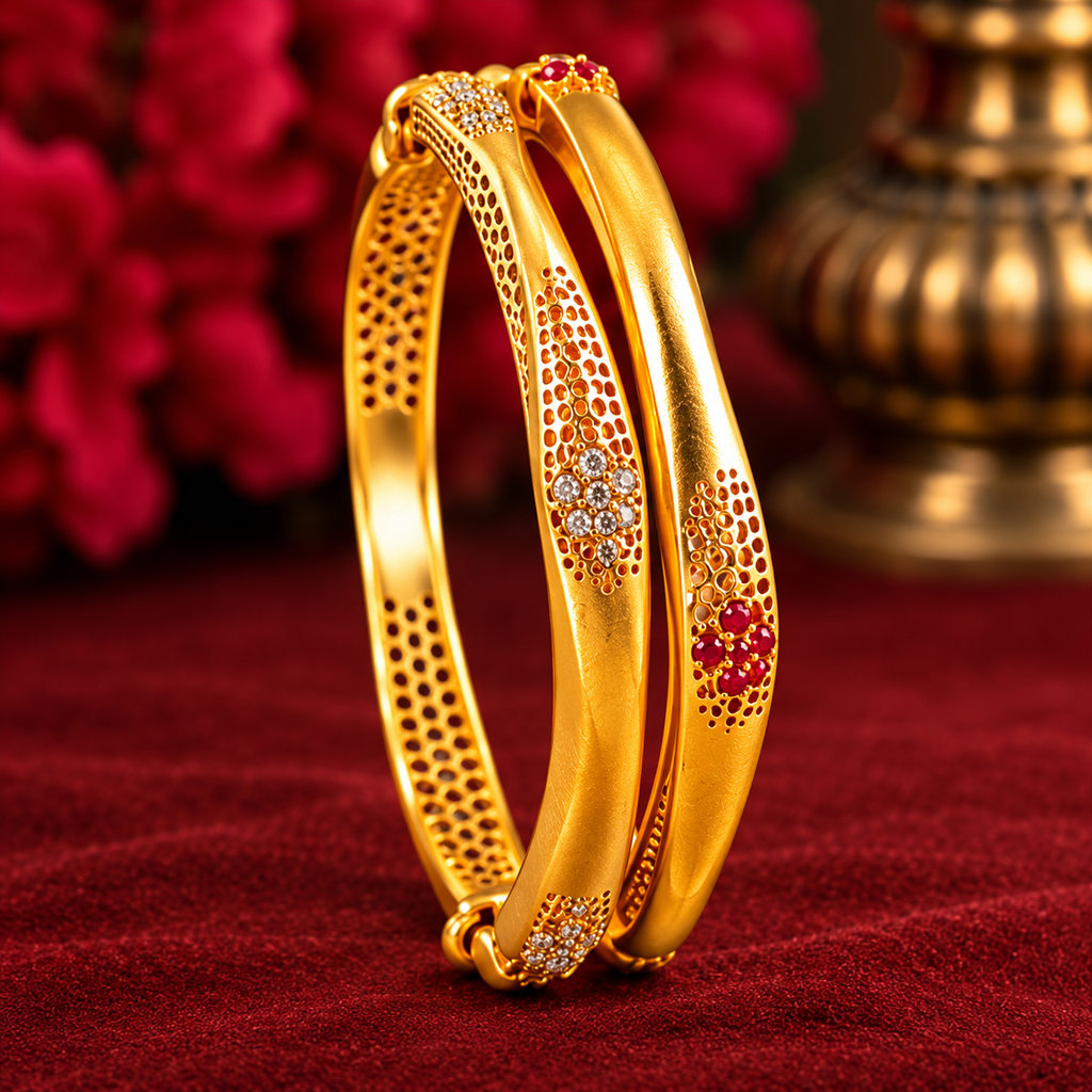 Elegant Ruby Mesh Gold Bangles