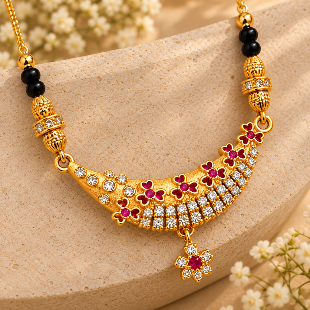 Premium Gold & Black Beaded Floral Pendant Mangalsutra