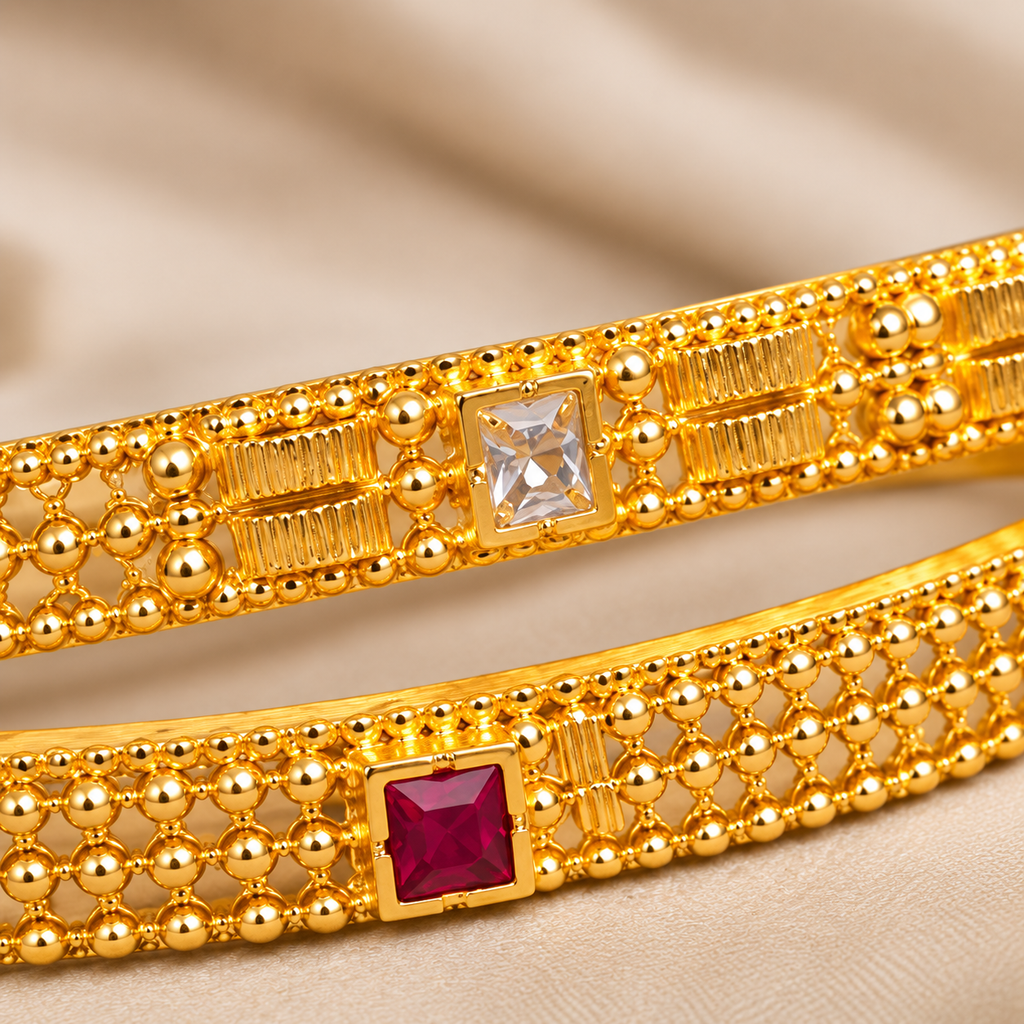 Elegant Ruby Embellished Gold Bangles