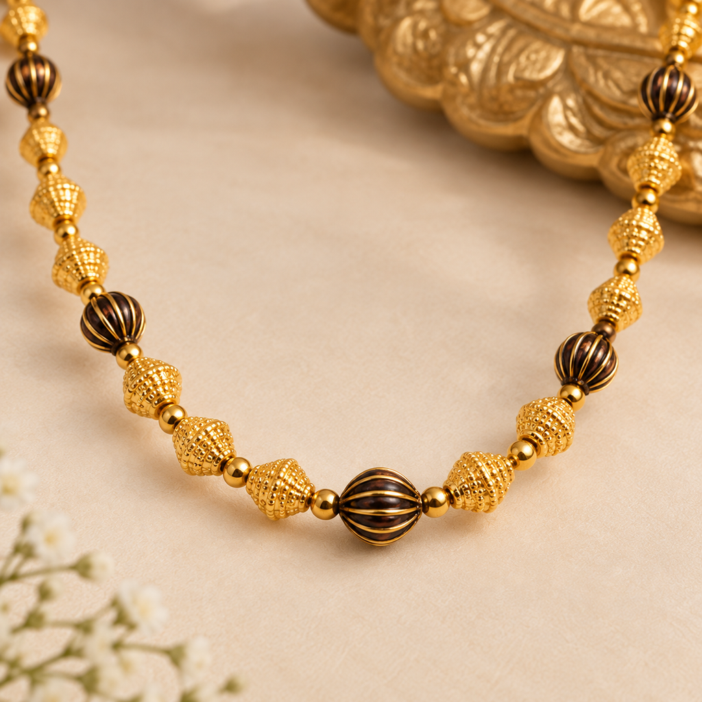 Premium Gold & Black Beaded Long Necklace