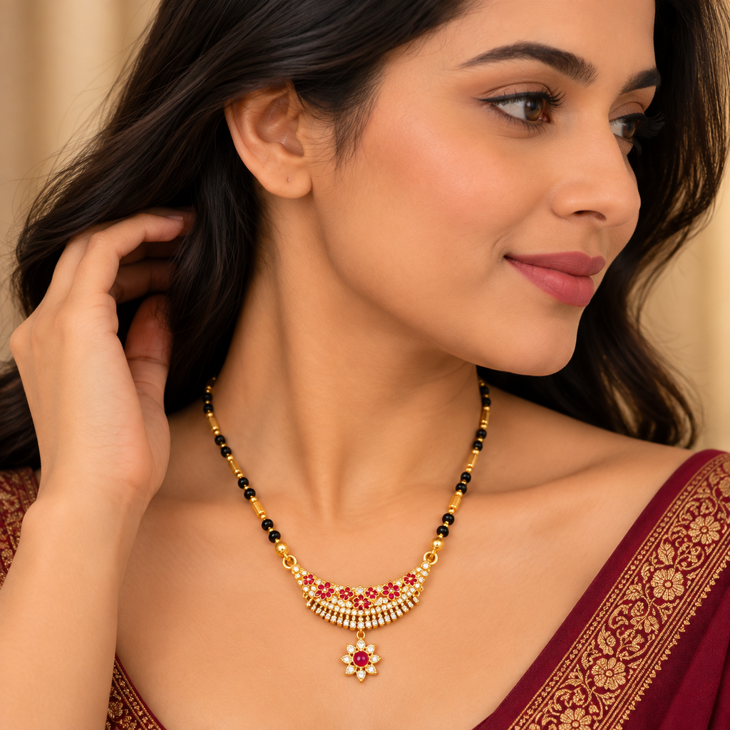 Premium Gold & Black Beaded Floral Pendant Mangalsutra