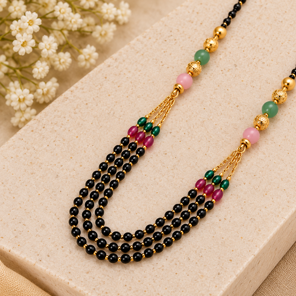Elegant Gold-Plated Black Beads Multicolor Stone Mangalsutra