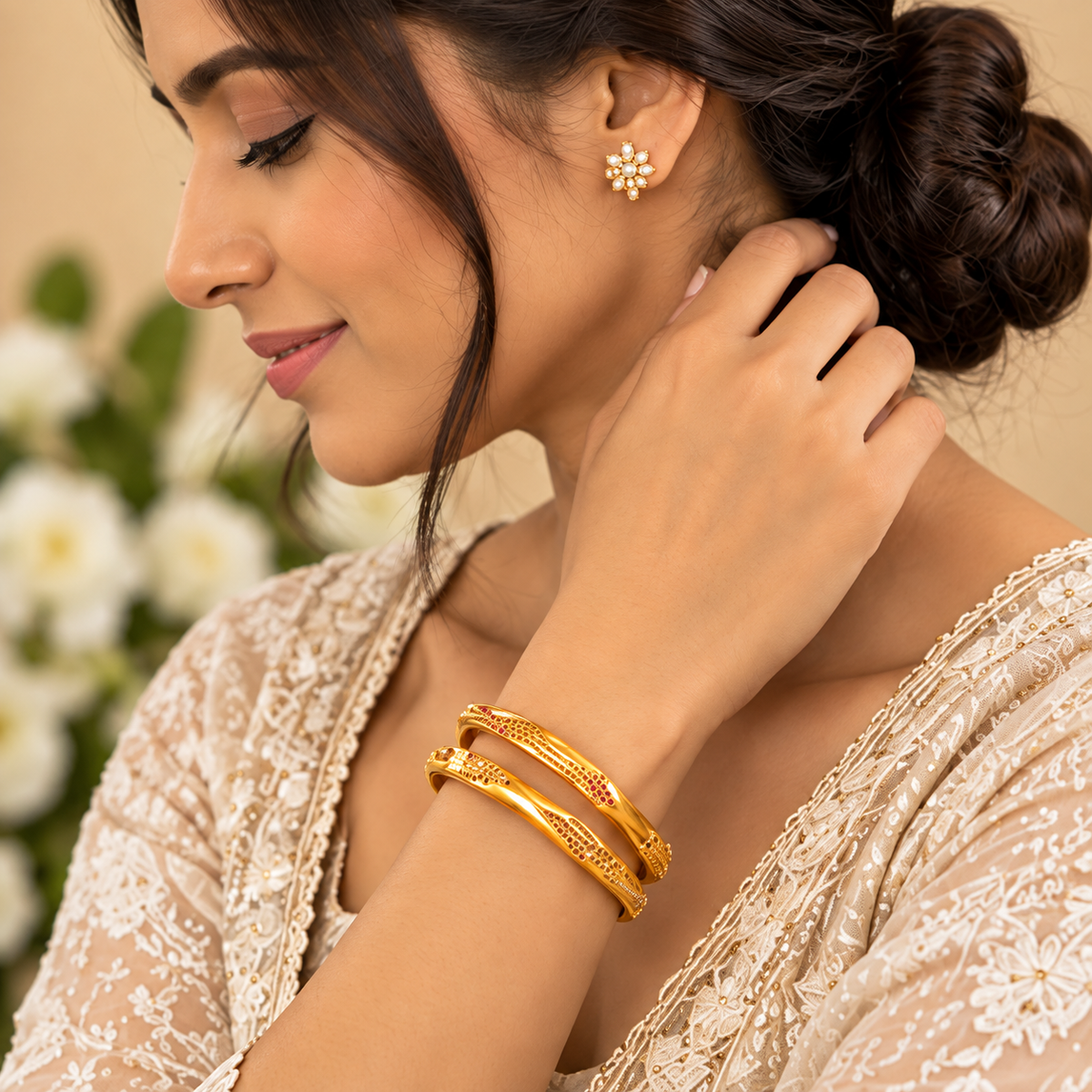 Elegant Ruby Mesh Gold Bangles