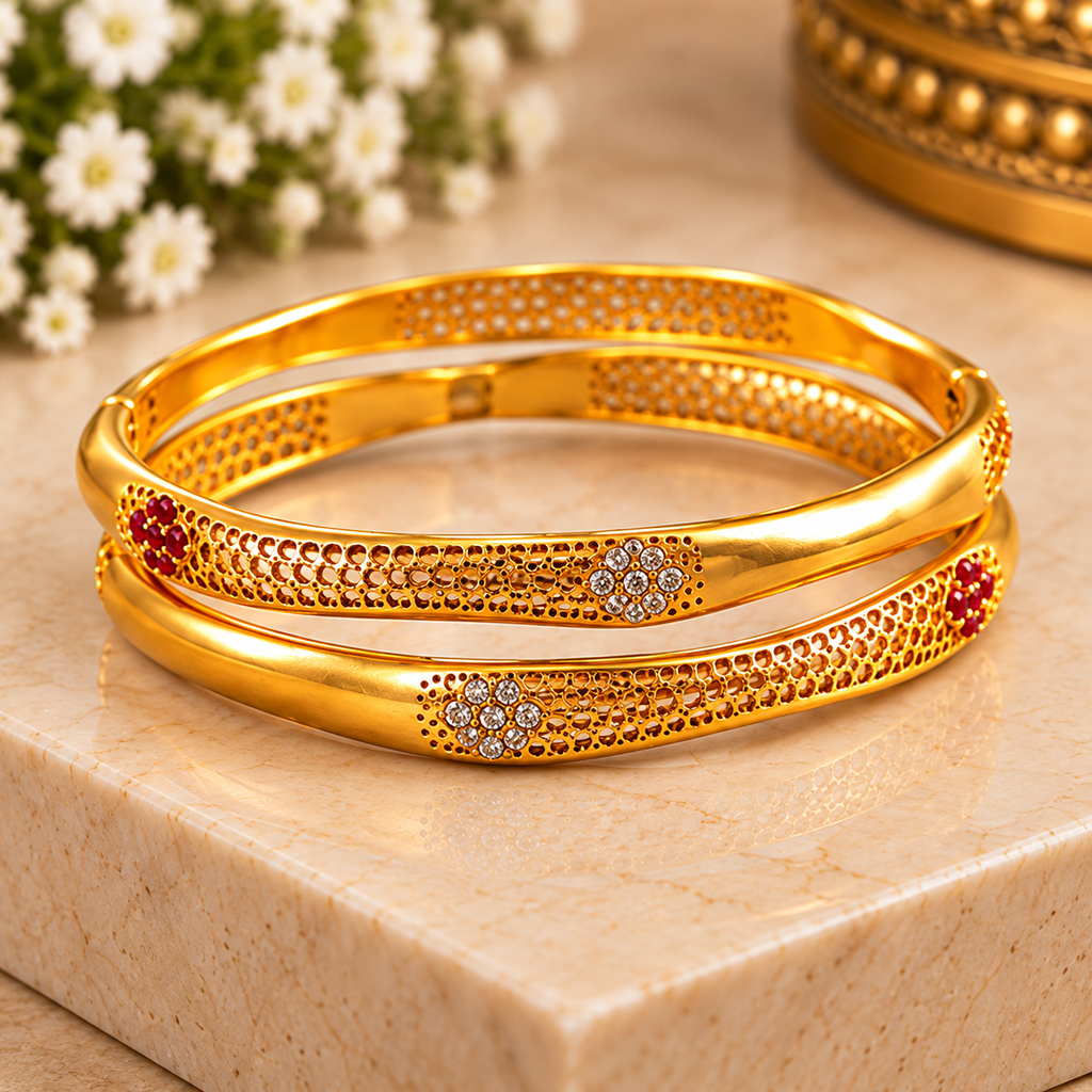 Elegant Ruby Mesh Gold Bangles