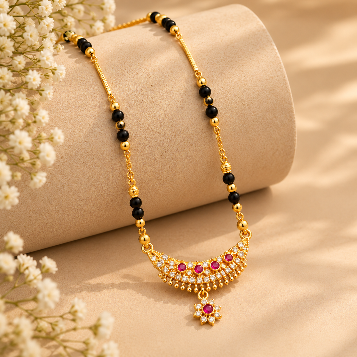 Premium Gold & Black Beaded Floral Pendant Mangalsutra