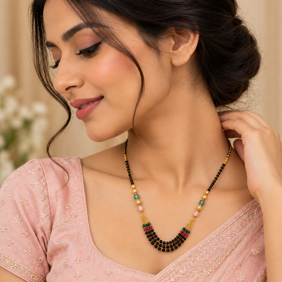 Elegant Gold-Plated Black Beads Multicolor Stone Mangalsutra