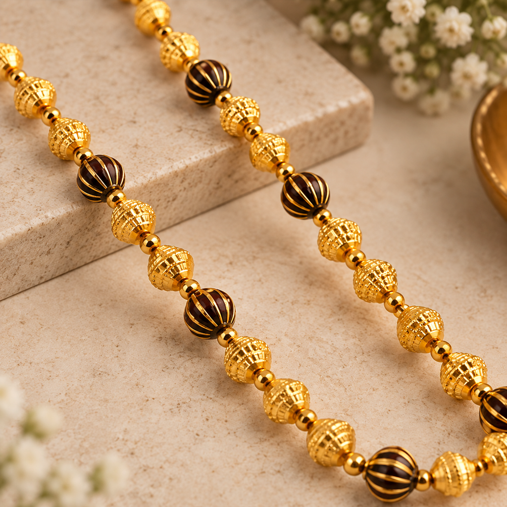 Premium Gold & Black Beaded Long Necklace
