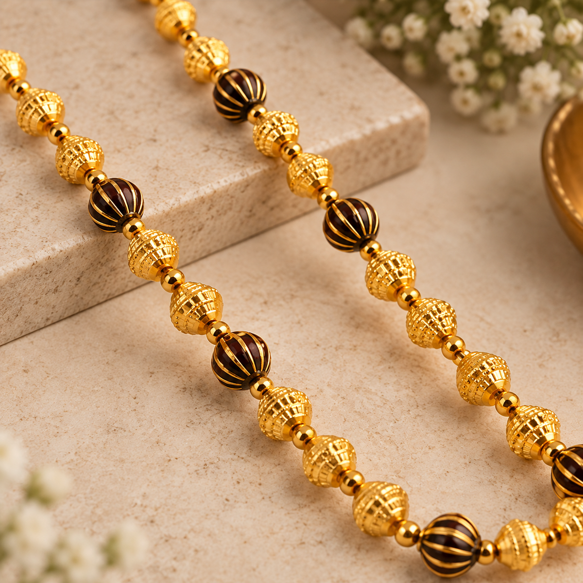 Premium Gold & Black Beaded Long Necklace
