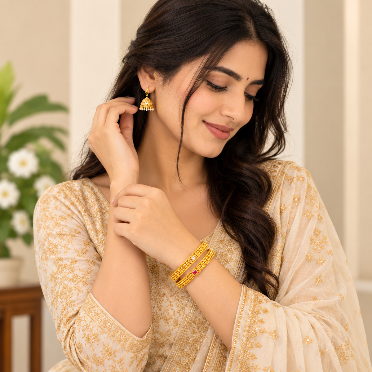 Elegant Ruby Embellished Gold Bangles